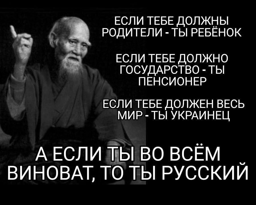 ЕСЛИ ТЕБЕ ДОЛЖНЫ РОДИТЕЛИ - ТЫ РЕБЁНОК
ЕСЛИ ТЕБЕ ДОЛЖНО ГОСУДАРСТВО - ТЫ ПЕНСИОНЕР
ЕСЛИ ТЕБЕ ДОЛЖЕН ВЕСЬ МИР - ТЫ УКРАИНЕЦ
А ЕСЛИ ТЫ ВО ВСЁМ ВИНОВАТ, ТО ТЫ РУССКИЙ