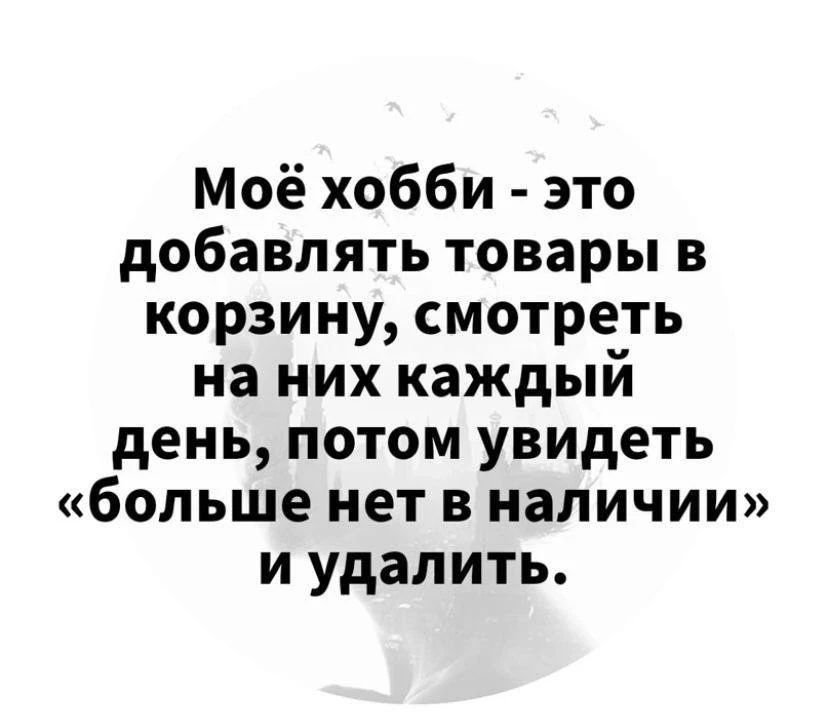 Моё хобби - это добавлять товары в корзину, смотреть на них каждый день, потом увидеть «больше нет в наличии» и удалить.