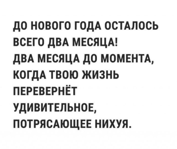 ДО НОВОГО ГОДА ОСТАЛОСЬ ВСЕГО ДВА МЕСЯЦА! ДВА МЕСЯЦА ДО МОМЕНТА, КОГДА ТВОЮ ЖИЗНЬ ПЕРЕВЕРНЁТ УДИВИТЕЛЬНОЕ, ПОТРЯСАЮЩЕЕ НИХУЯ.