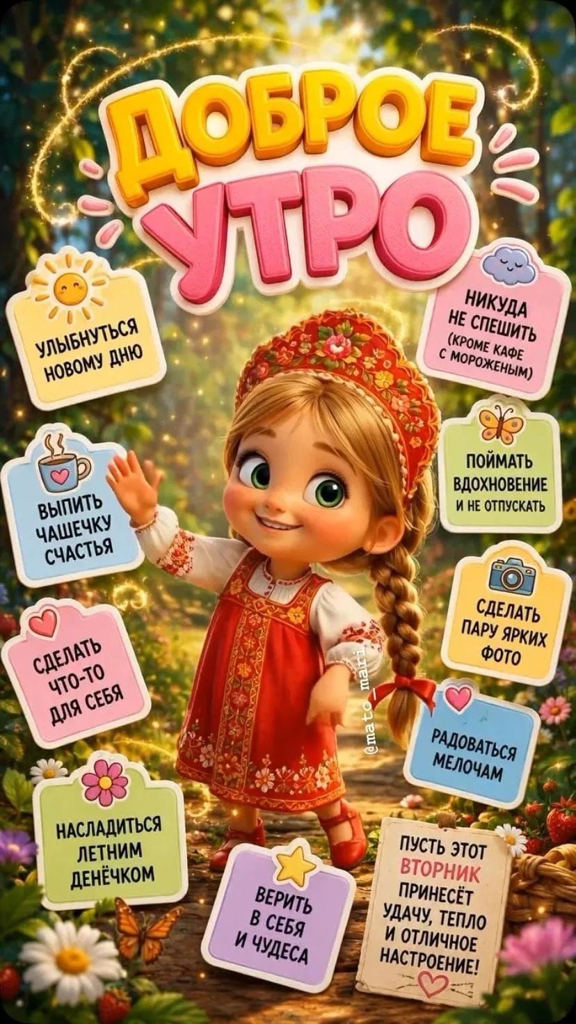 ДОБРОЕ УТРО УЛЫБНУТЬСЯ НОВОМУ ДНЮ НИКУДА НЕ СПЕШИТЬ (КРОМЕ КАФЕ С МОРОЖЕНЫМ) ВЫПИТЬ ЧАШЕЧКУ СЧАСТЬЯ ПОЙМАТЬ ВДОХНОВЕНИЕ И НЕ ОТПУСКАТЬ СДЕЛАТЬ ЧТО-ТО ДЛЯ СЕБЯ СДЕЛАТЬ ПАРУ ЯРКИХ ФОТО НАСЛАДИТЬСЯ ЛЕТНИМ ДЕНЁЧКОМ РАДОВАТЬСЯ МЕЛОЧАМ ВЕРИТЬ В СЕБЯ И ЧУДЕСА ПУСТЬ ЭТОТ ВТОРНИК ПРИНЕСЁТ УДАЧУ, ТЕПЛО И ОТЛИЧНОЕ НАСТРОЕНИЕ!