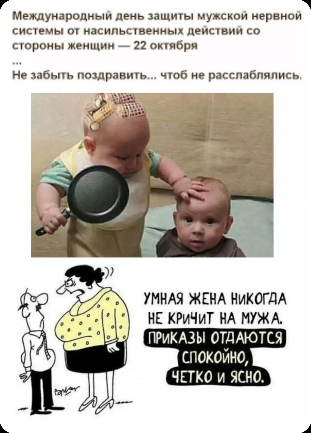 Международный день защиты мужской нервной системы от насильственных действий со стороны женщин — 22 октября. Не забыть поздравить... чтоб не расслаблялись. Умная жена никогда не кричит на мужа. Приказы отдаются спокойно, четко и ясно.