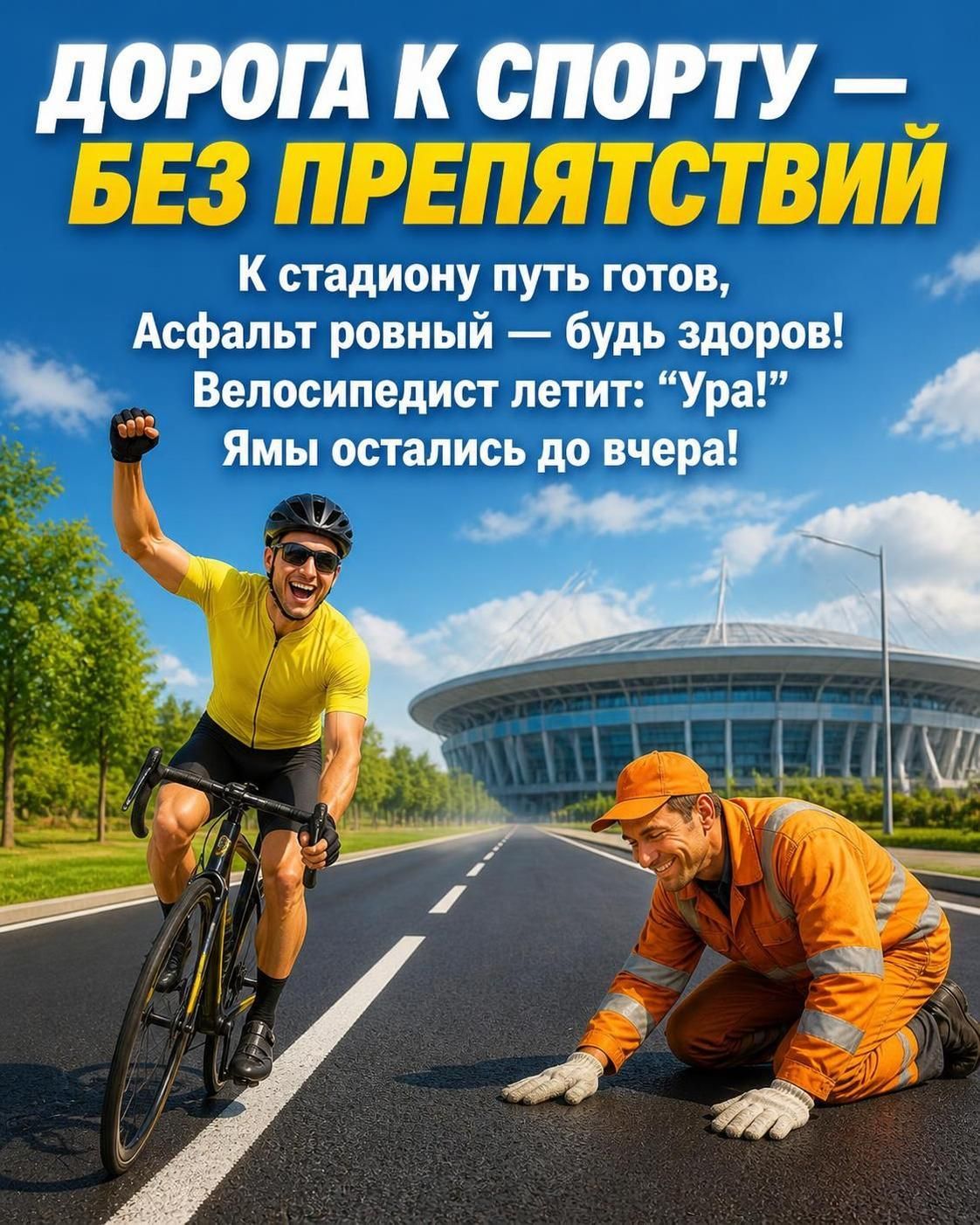 ДОРОГА К СПОРТУ — БЕЗ ПРЕПЯТСТВИЙ К стадиону путь готов, Асфальт ровный — будь здоров! Велосипедист летит: 