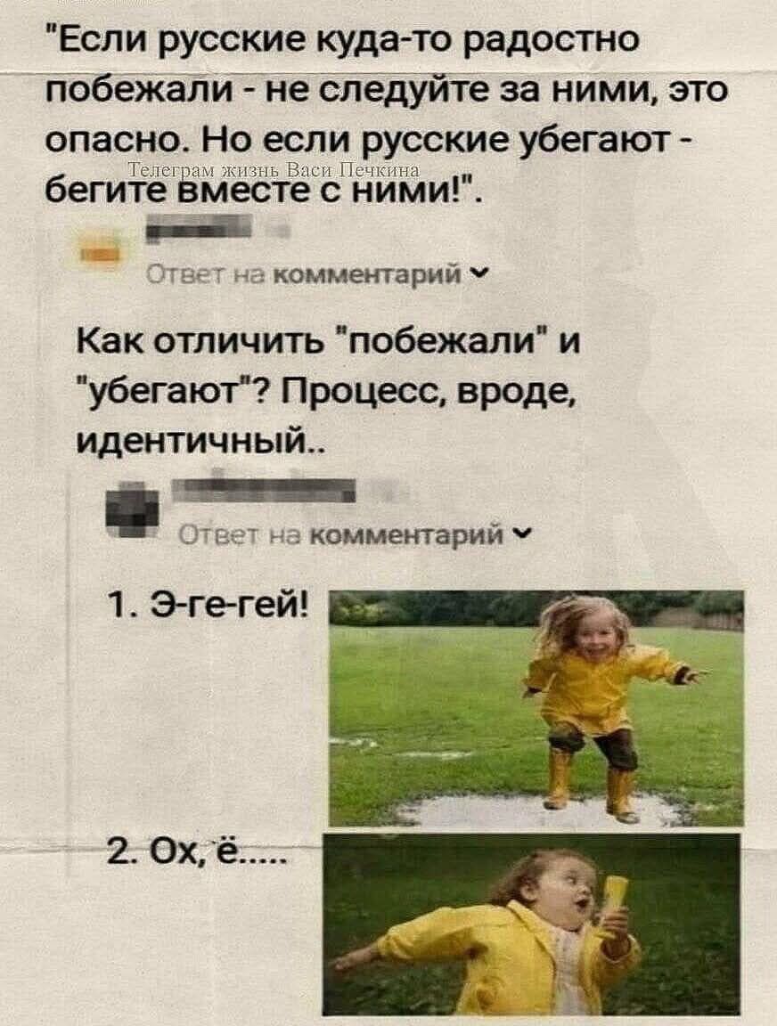 Если русские куда-то радостно побежали - не следуйте за ними, это опасно. Но если русские убегают - бегите вместе с ними! Телеграм жизнь Васи Печкина. Ответ на комментарий. Как отличить 