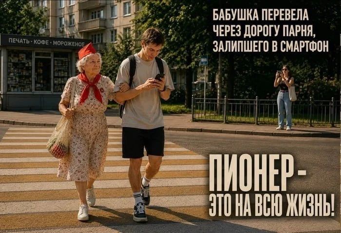 Бабушка перевела через дорогу парня, залипшего в смартфон. Пионер - это на всю жизнь! Печать, кофе, мороженое.