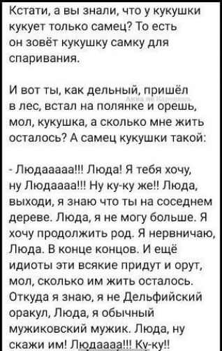 Кстати, а вы знали, что у кукушки кукует только самец? То есть он зовёт кукушку самку для спаривания.
И вот ты, как дельный, пришёл в лес, встал на полянке и орешь, мол, кукушка, а сколько мне жить осталось? А самец кукушки такой:
- Людаааа!!! Люда! Я тебя хочу, ну Людаааа!!! Ну ку-ку же!! Люда, выходи, я знаю что ты на соседнем дереве. Люда, я не