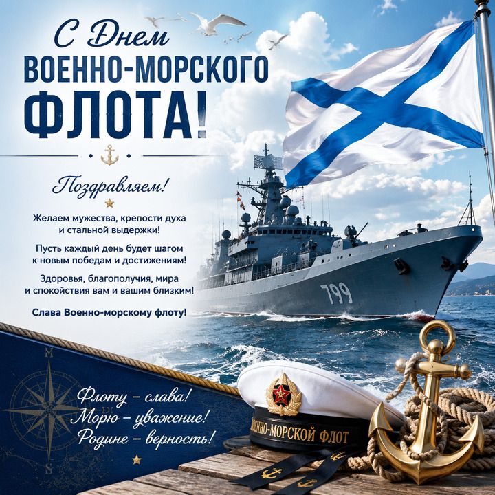 С Днем ВОЕННО-МОРСКОГО ФЛОТА! Поздравляем! Желаем мужества, крепости духа и стальной выдержки! Пусть каждый день будет шагом к новым победам и достижениям! Здоровья, благополучия, мира и спокойствия вам и вашим близким! Слава Военно-морскому флоту! Флоту - слава! Морю - уважение! Родине - верность! ВОЕННО-МОРСКОЙ ФЛОТ