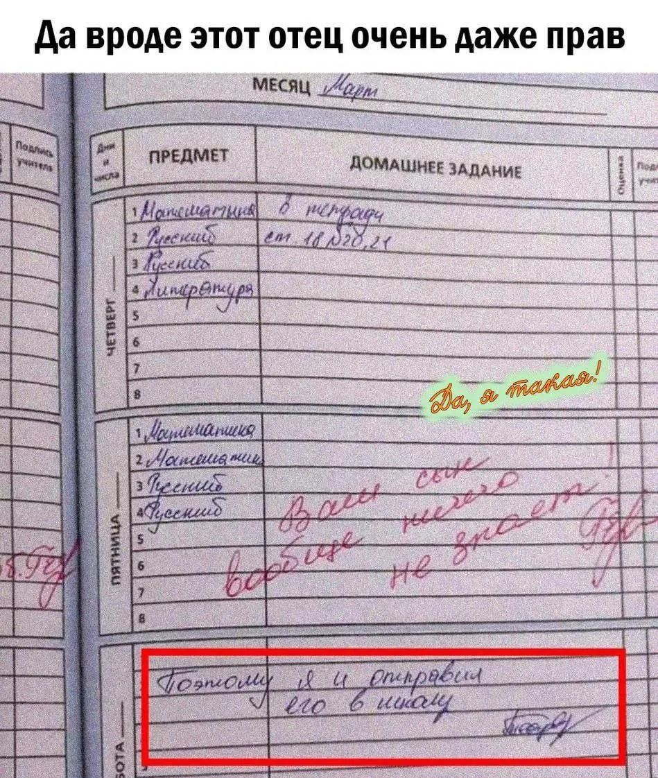 Да вроде этот отец очень даже прав. Месяц Март. Четверг. Пятница. Ваш сын вообще ничего не знает. Да, я такая! Поэтому я и отправил его в школу.