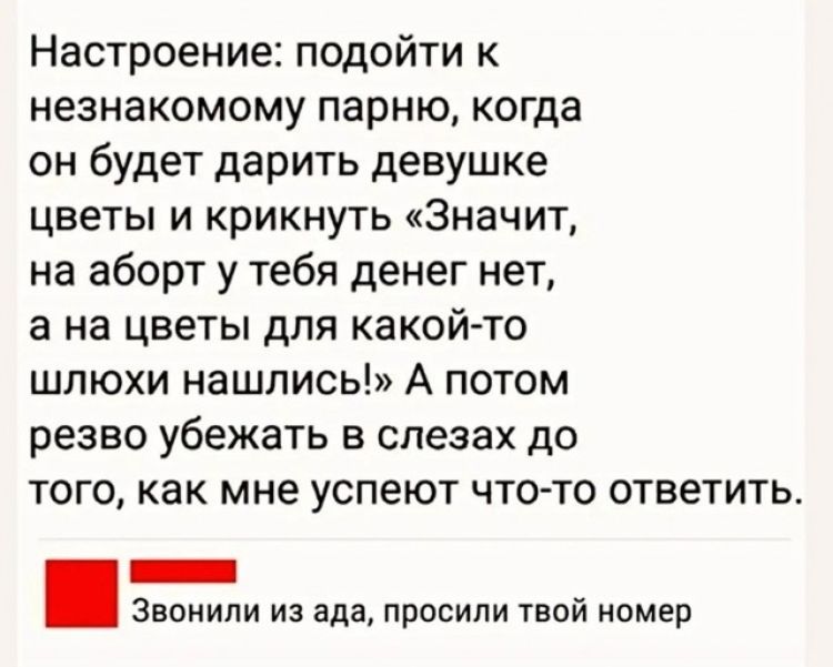 Настроение: подойти к незнакомому парню, когда он будет дарить девушке цветы и крикнуть «Значит, на аборт у тебя денег нет, а на цветы для какой-то шлюхи нашлись!» А потом резво убежать в слезах до того, как мне успеют что-то ответить. Звонили из ада, просили твой номер