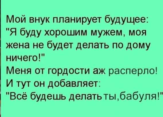 Мой внук планирует будущее: 'Я буду хорошим мужем, моя жена не будет делать по дому ничего!' Меня от гордости аж расперло! И тут он добавляет: 'Всё будешь делать ты, бабуля!'