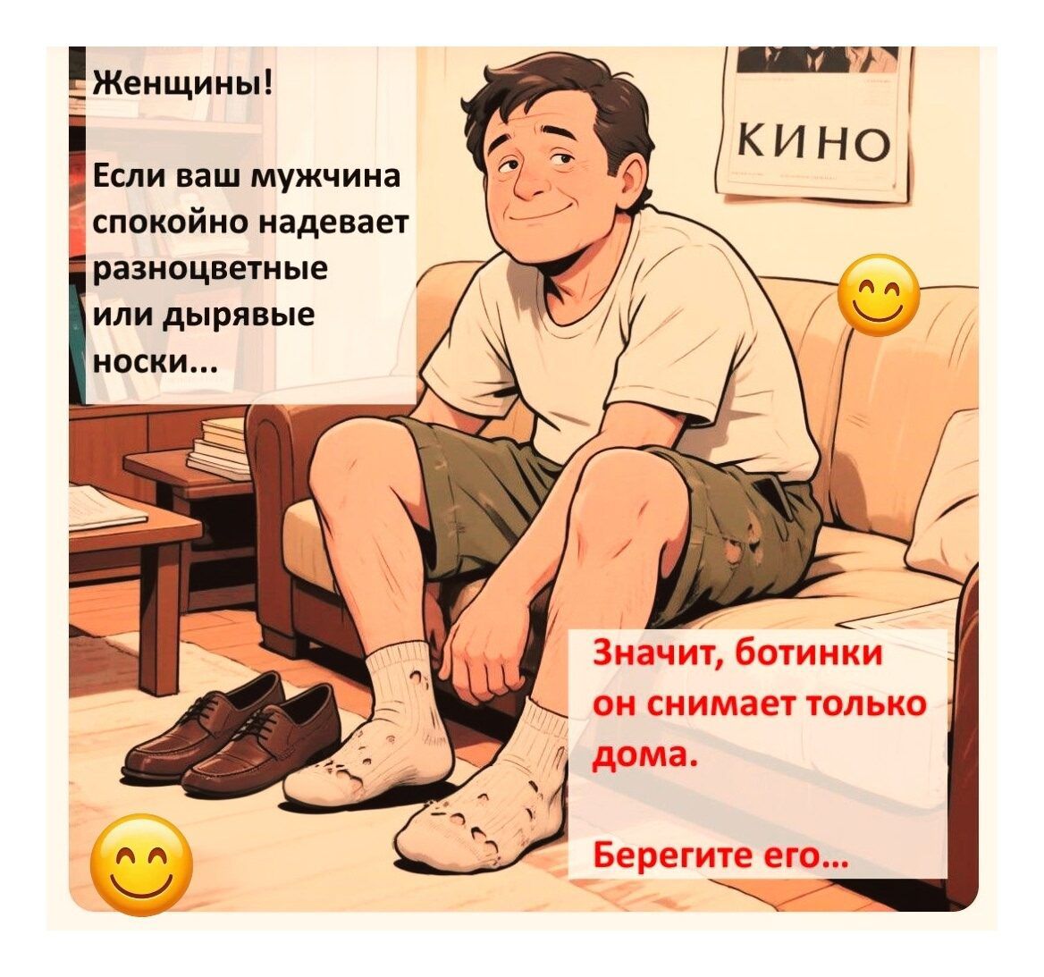 Женщины! Если ваш мужчина спокойно надевает разноцветные или дырявые носки... Значит, ботинки он снимает только дома. Берегите его... КИНО