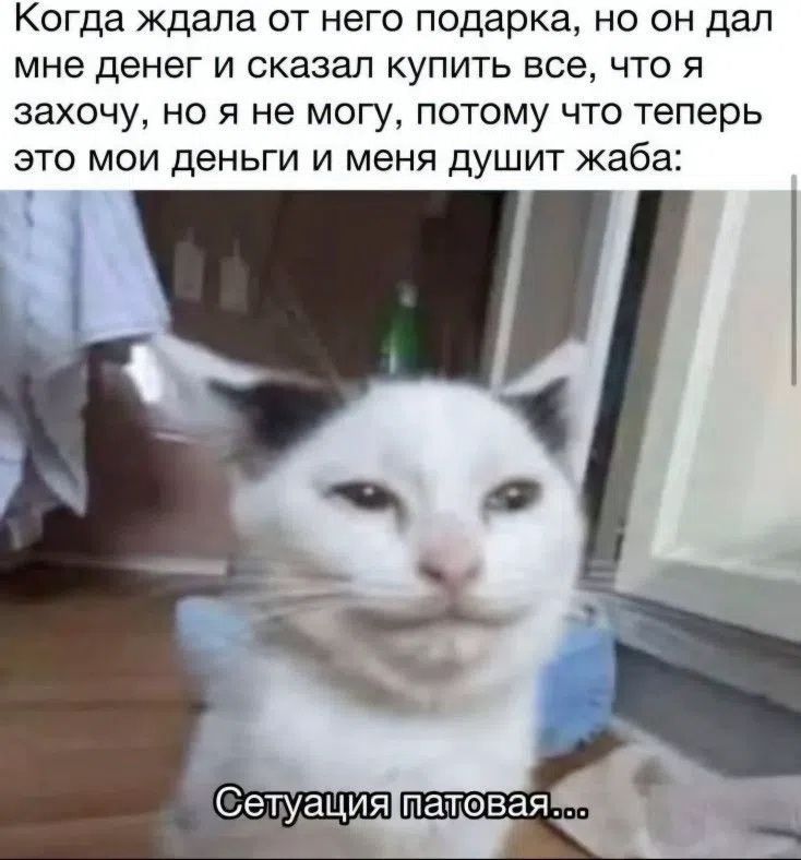Когда ждала от него подарка, но он дал мне денег и сказал купить все, что я захочу, но я не могу, потому что теперь это мои деньги и меня душит жаба: Сетуация патовая...