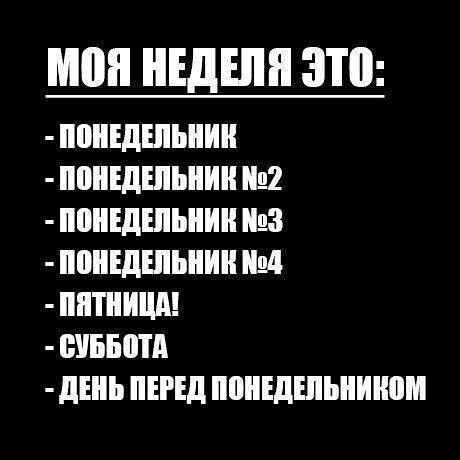 МОЯ НЕДЕЛЯ ЭТО: - ПОНЕДЕЛЬНИК - ПОНЕДЕЛЬНИК №2 - ПОНЕДЕЛЬНИК №3 - ПОНЕДЕЛЬНИК №4 - ПЯТНИЦА! - СУББОТА - ДЕНЬ ПЕРЕД ПОНЕДЕЛЬНИКОМ