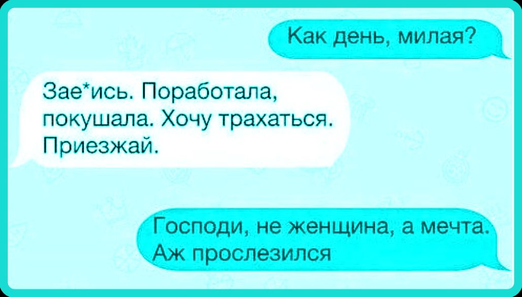 Как день, милая? Зае*ись. Поработала, покушала. Хочу трахаться. Приезжай. Господи, не женщина, а мечта. Аж прослезился