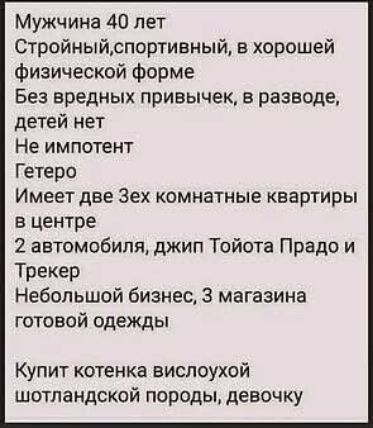 Мужчина 40 лет Стройный, спортивный, в хорошей физической форме Без вредных привычек, в разводе, детей нет Не импотент Гетеро Имеет две трехкомнатные квартиры в центре 2 автомобиля, джип Тойота Прадо и Трекер Небольшой бизнес, 3 магазина готовой одежды Купит котенка вислоухой шотландской породы, девочку