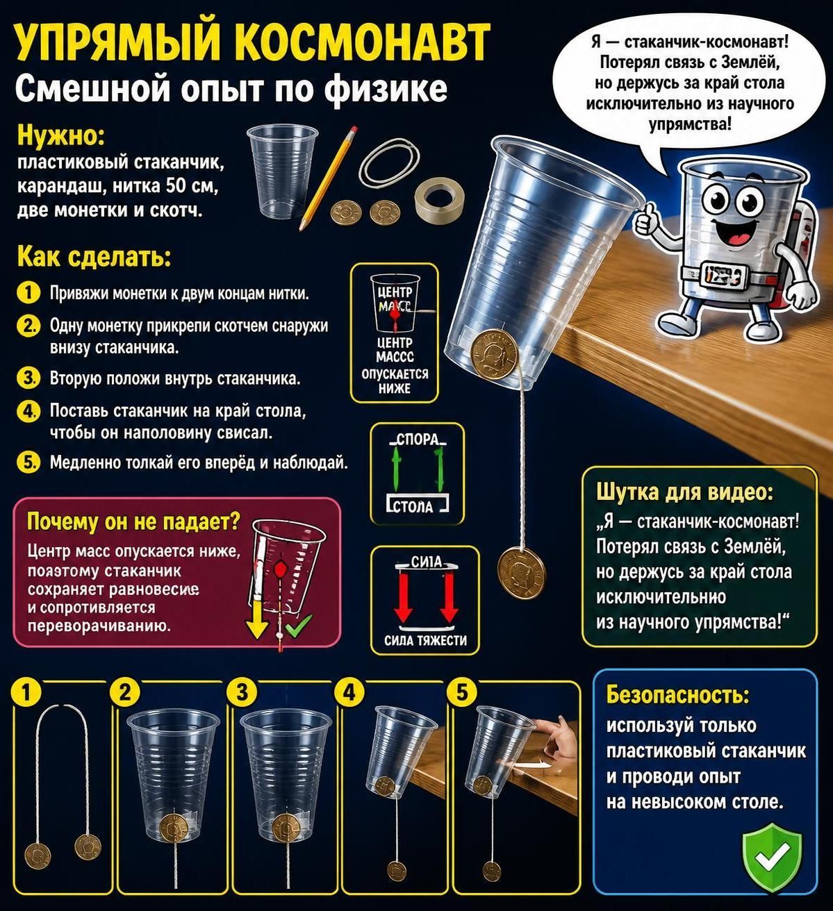 Упрямый космонавт. Смешной опыт по физике. Нужно: пластиковый стаканчик, карандаш, нитка 50 см, две монетки и скотч. Как сделать: 1. Привяжи монетки к двум концам нитки. 2. Одну монетку прикрепи скотчем снаружи внизу стаканчика. 3. Вторую положи внутрь стаканчика. 4. Поставь стаканчик на край стола, чтобы он наполовину свисал. 5. Медленно толкай