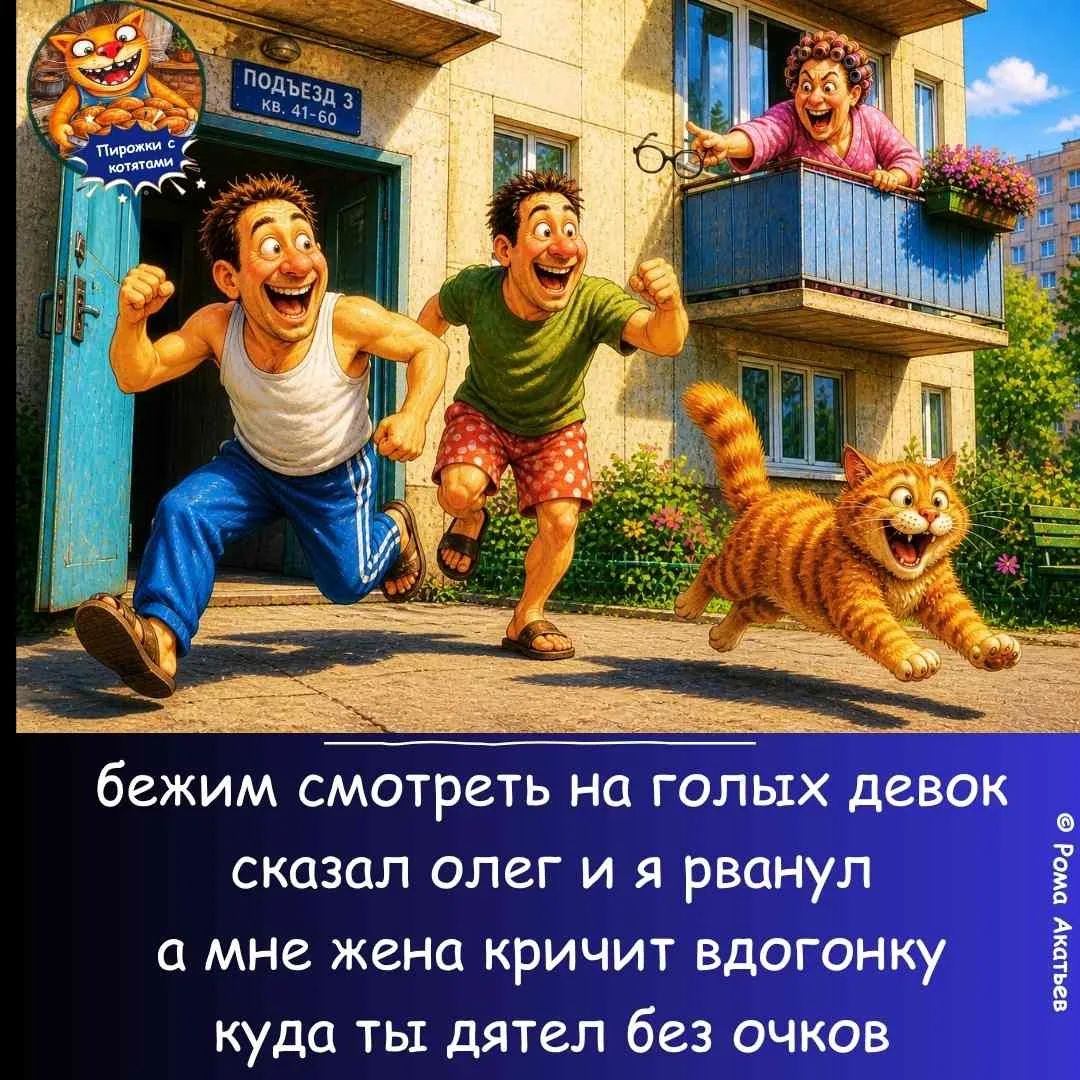 бежим смотреть на голых девок сказал олег и я рванул а мне жена кричит вдогонку куда ты дятел без очков. Пирожки с котятами. Подъезд 3, кв. 41-60.