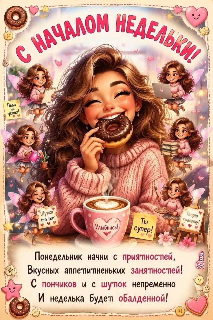 С началом недельки! Понедельник начни с приятностей, Вкусных аппетитненьких занятностей! С пончиков и с шуток непременно И неделька будет обалденной!