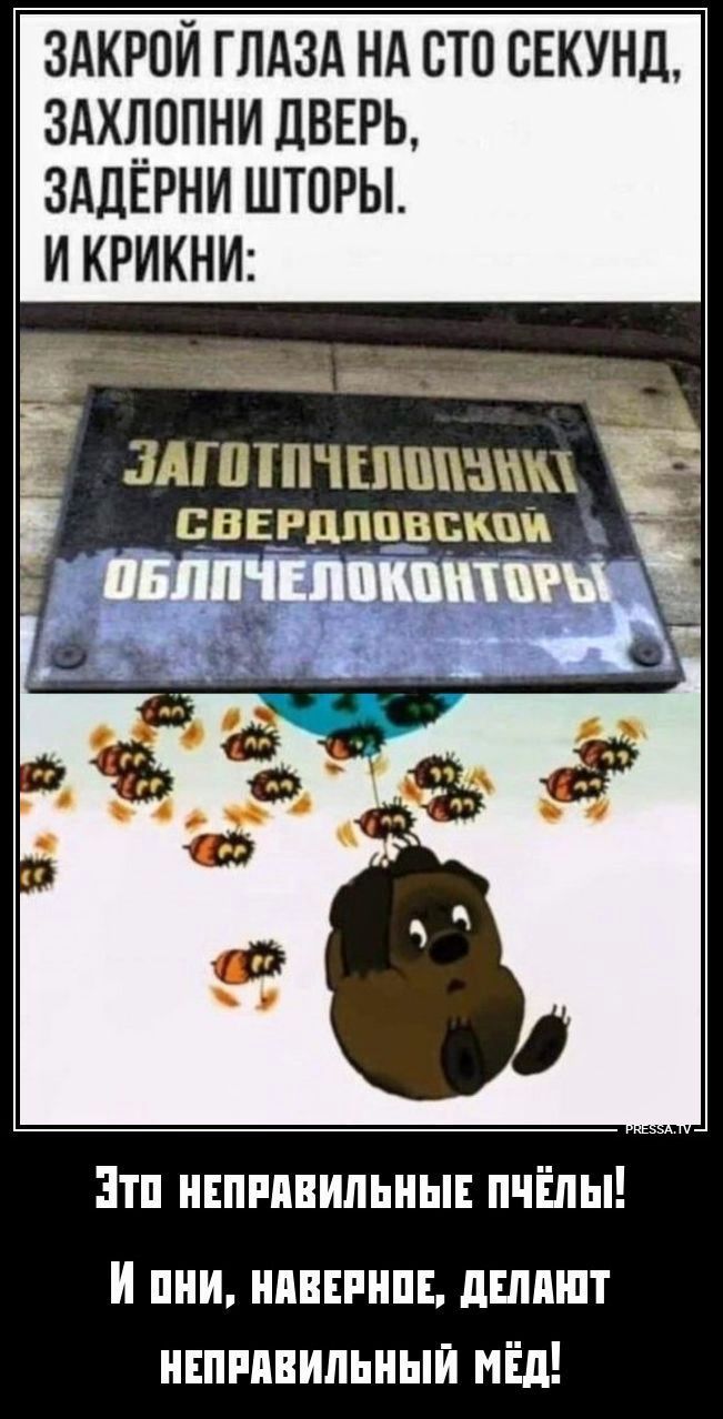 ЗАКРОЙ ГЛАЗА НА СТО СЕКУНД, ЗАХЛОПНИ ДВЕРЬ, ЗАДЁРНИ ШТОРЫ. И КРИКНИ: ЗАГОТПЧЕЛОПУНКТ СВЕРДЛОВСКОЙ ОБЛПЧЕЛОКОНТОРЫ ЭТО НЕПРАВИЛЬНЫЕ ПЧЁЛЫ! И ОНИ, НАВЕРНОЕ, ДЕЛАЮТ НЕПРАВИЛЬНЫЙ МЁД!