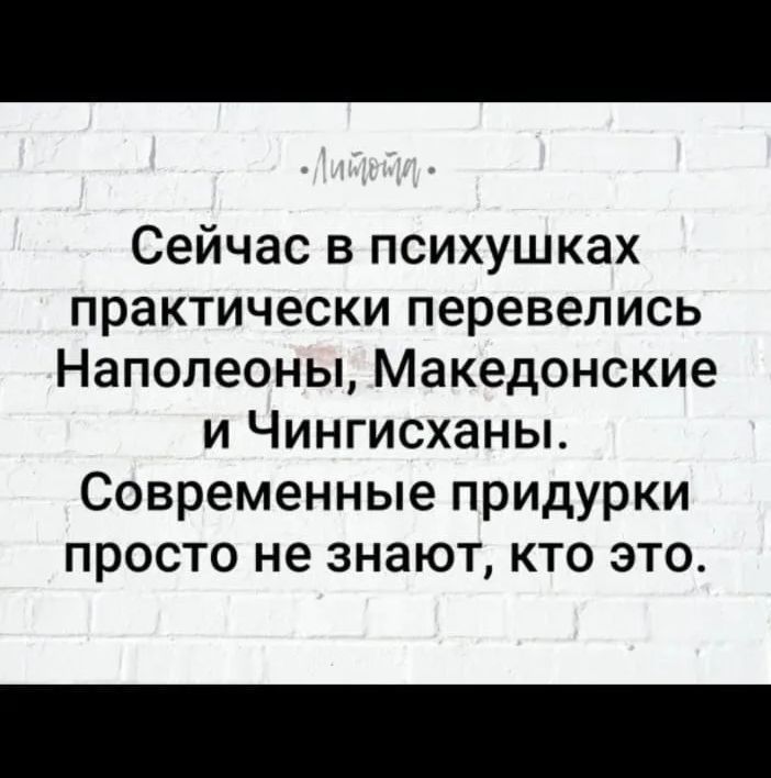 Сейчас в психушках практически перевелись Наполеоны, Македонские и Чингисханы. Современные придурки просто не знают, кто это.