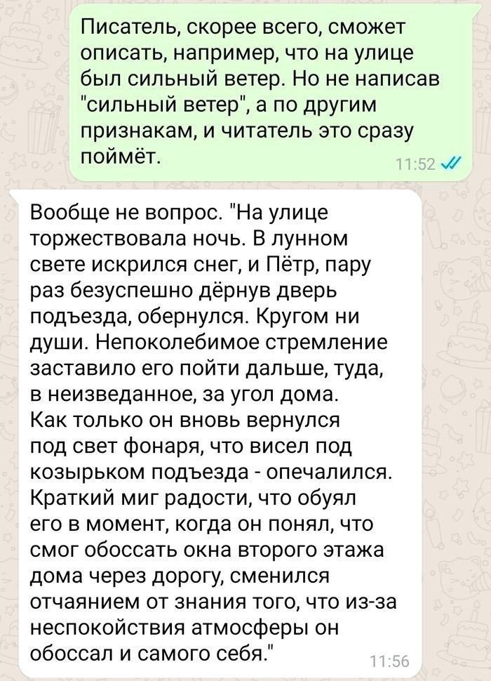 Писатель, скорее всего, сможет описать, например, что на улице был сильный ветер. Но не написав 