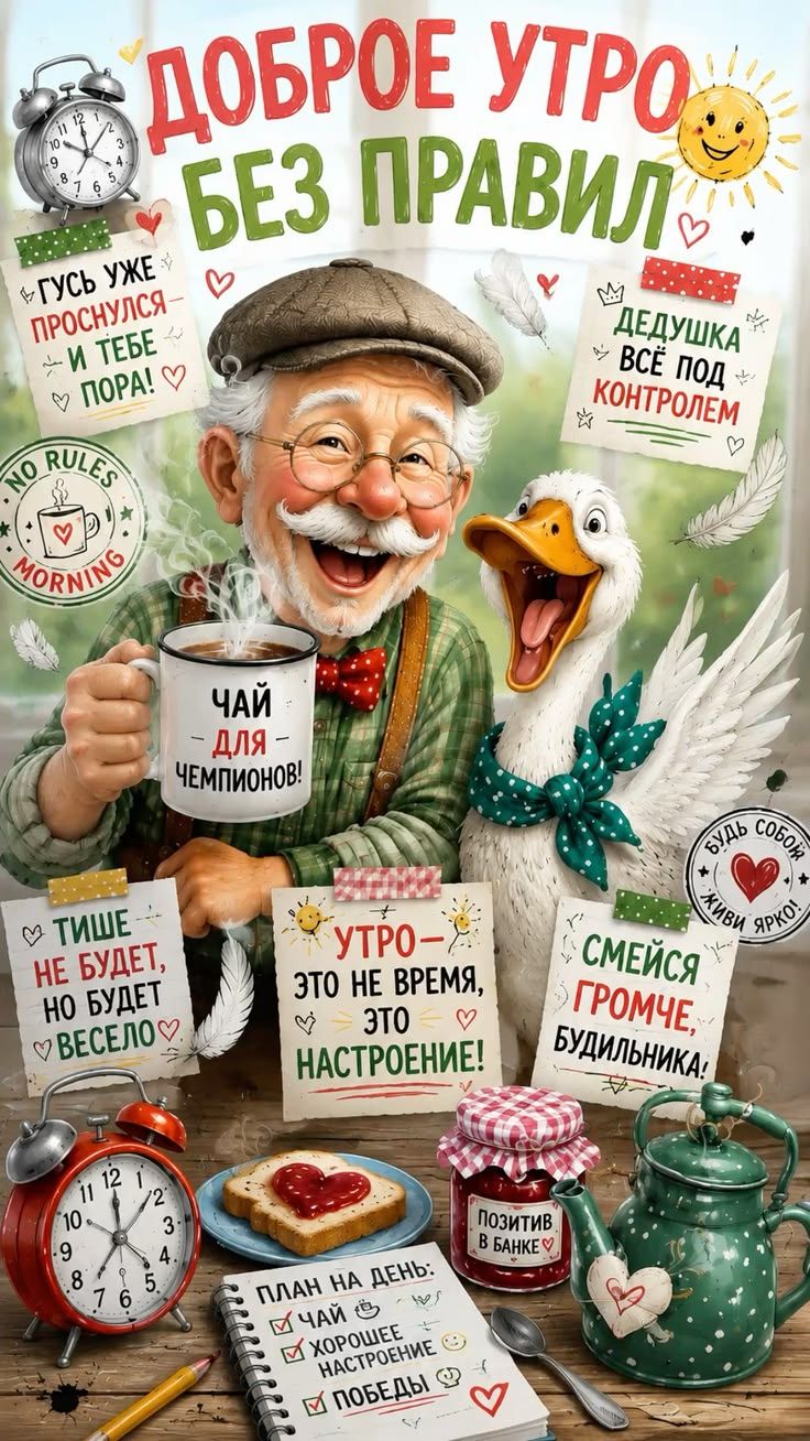 ДОБРОЕ УТРО БЕЗ ПРАВИЛ. ГУСЬ УЖЕ ПРОСНУЛСЯ – И ТЕБЕ ПОРА! ДЕДУШКА ВСЁ ПОД КОНТРОЛЕМ. ЧАЙ – ДЛЯ – ЧЕМПИОНОВ! ТИШЕ НЕ БУДЕТ, НО БУДЕТ ВЕСЕЛО. УТРО – ЭТО НЕ ВРЕМЯ, ЭТО НАСТРОЕНИЕ! СМЕЙСЯ ГРОМЧЕ, БУДИЛЬНИКА! БУДЬ СОБОЙ ЖИВИ ЯРКО! ПОЗИТИВ В БАНКЕ. ПЛАН НА ДЕНЬ: ЧАЙ, ХОРОШЕЕ НАСТРОЕНИЕ, ПОБЕДЫ. NO RULES MORNING.