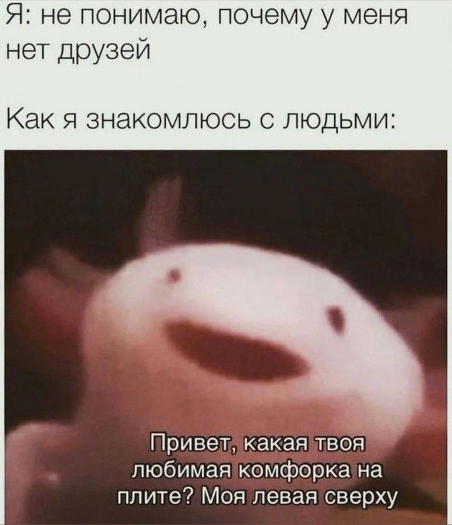 Я: не понимаю, почему у меня нет друзей. Как я знакомлюсь с людьми: Привет, какая твоя любимая комфорка на плите? Моя левая сверху