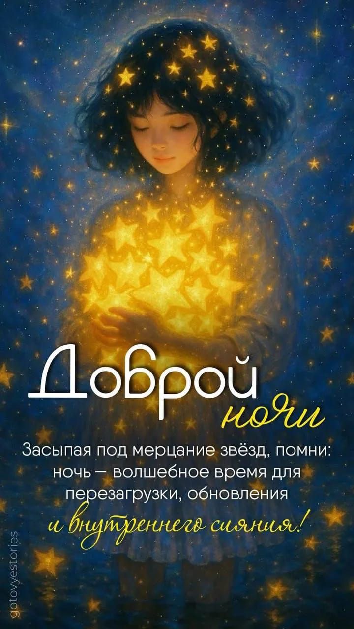 Доброй ночи. Засыпая под мерцание звёзд, помни: ночь — волшебное время для перезагрузки, обновления и внутреннего сияния!