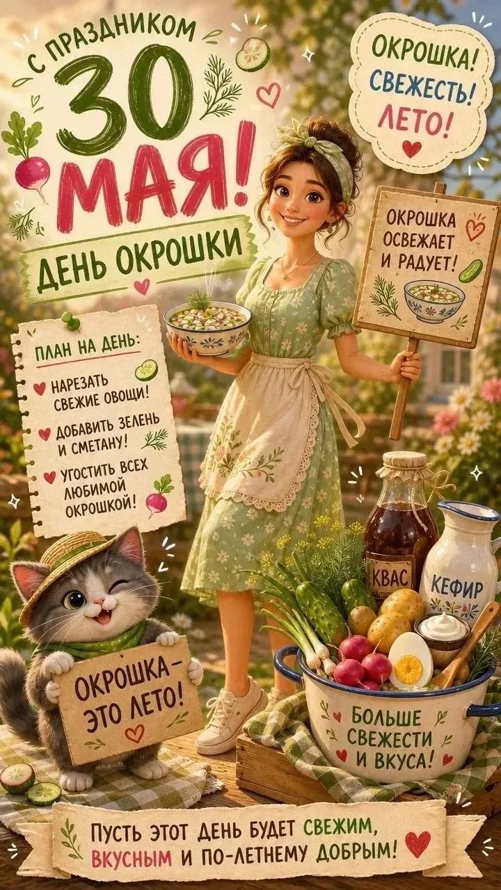 С ПРАЗДНИКОМ 30 МАЯ! ДЕНЬ ОКРОШКИ! ОКРОШКА! СВЕЖЕСТЬ! ЛЕТО! ОКРОШКА ОСВЕЖАЕТ И РАДУЕТ! ПЛАН НА ДЕНЬ: НАРЕЗАТЬ СВЕЖИЕ ОВОЩИ! ДОБАВИТЬ ЗЕЛЕНЬ И СМЕТАНУ! УГОСТИТЬ ВСЕХ ЛЮБИМОЙ ОКРОШКОЙ! КВАС КЕФИР ОКРОШКА - ЭТО ЛЕТО! БОЛЬШЕ СВЕЖЕСТИ И ВКУСА! ПУСТЬ ЭТОТ ДЕНЬ БУДЕТ СВЕЖИМ, ВКУСНЫМ И ПО-ЛЕТНЕМУ ДОБРЫМ!
