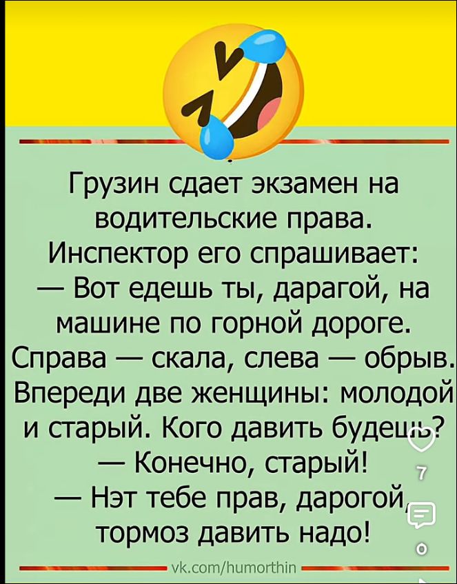 Грузин сдает экзамен наводительские права. Инспектор его спрашивает: — Вот едешь ты, дарагой, намашине по горной дороге. Справа — скала, слева — обрыв. Впереди две женщины: молодой и старый. Кого давить будешь? — Конечно, старый! — Нэт тебе прав, дарагой, тормоз давить надо!