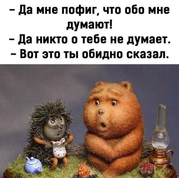 - Да мне пофиг, что обо мне думают! - Да никто о тебе не думает. - Вот это ты обидно сказал.
