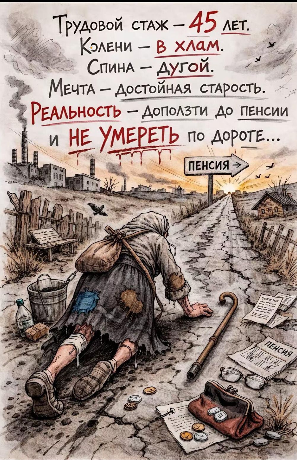 Трудовой стаж – 45 лет.
Колени – в хлам.
Спина – дугой.
Мечта – достойная старость.
Реальность – доползти до пенсии и не умереть по дороге...
ПЕНСИЯ ->