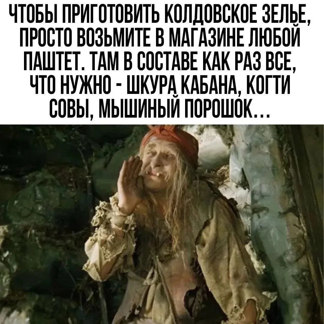 ЧТОБЫ ПРИГОТОВИТЬ КОЛДОВСКОЕ ЗЕЛЬЕ, ПРОСТО ВОЗЬМИТЕ В МАГАЗИНЕ ЛЮБОЙ ПАШТЕТ. ТАМ В СОСТАВЕ КАК РАЗ ВСЕ, ЧТО НУЖНО - ШКУРА КАБАНА, КОГТИ СОВЫ, МЫШИНЫЙ ПОРОШОК...