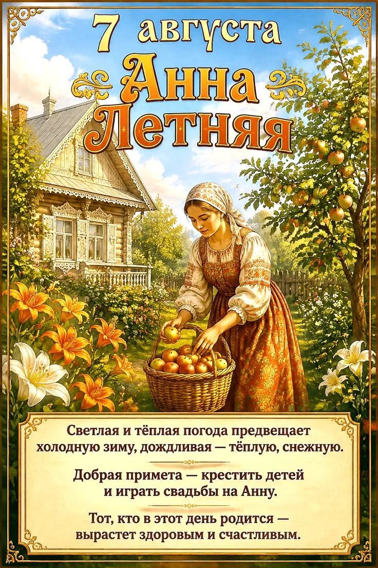 7 августа Анна Летняя Светлая и тёплая погода предвещает холодную зиму, дождливая — тёплую, снежную. Добрая примета — крестить детей и играть свадьбы на Анну. Тот, кто в этот день родится — вырастет здоровым и счастливым.