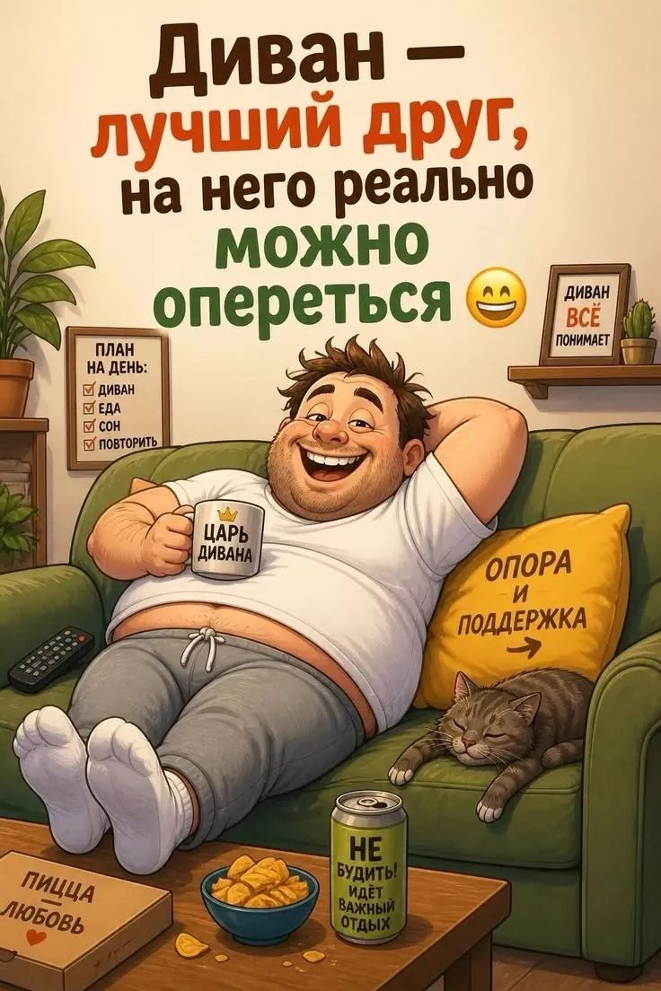 Диван — лучший друг, на него реально можно опереться. ПЛАН НА ДЕНЬ: Диван, Еда, Сон, Повторить. ДИВАН ВСЁ ПОНИМАЕТ. ЦАРЬ ДИВАНА. ОПОРА И ПОДДЕРЖКА. ПИЦЦА ЛЮБОВЬ. НЕ БУДИТЬ! ИДЁТ ВАЖНЫЙ ОТДЫХ.