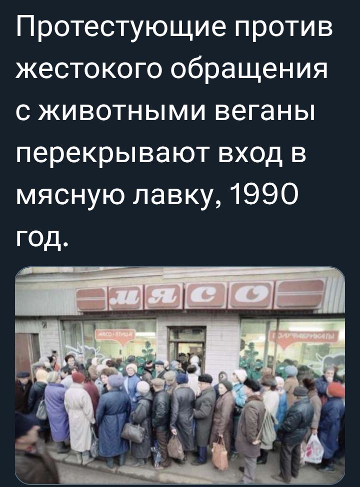 Протестующие против жестокого обращения с животными веганы перекрывают вход в мясную лавку, 1990 год.