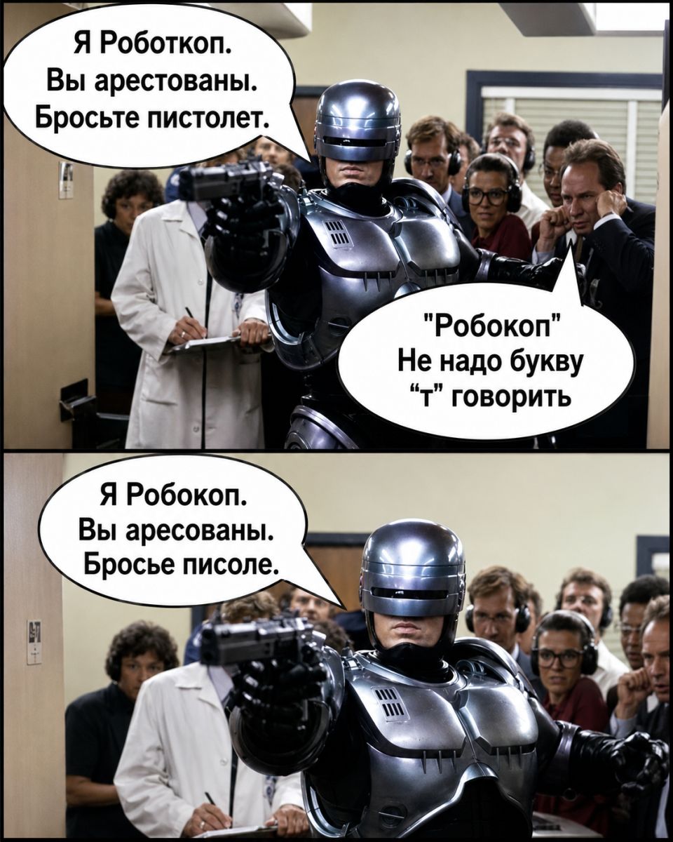 Я Роботкоп. Вы арестованы. Бросьте пистолет. 