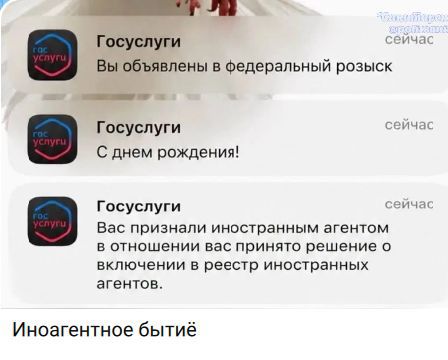 Госуслуги Вы объявлены в федеральный розыск сейчас Госуслуги С днем рождения! сейчас Госуслуги Вас признали иностранным агентом в отношении вас принято решение о включении в реестр иностранных агентов. сейчас Иноагентное бытиё