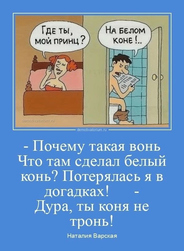 Где ты, мой принц? На белом коне!.. - Почему такая вонь Что там сделал белый конь? Потерялась я в догадках! - Дура, ты коня не тронь! Наталия Варская