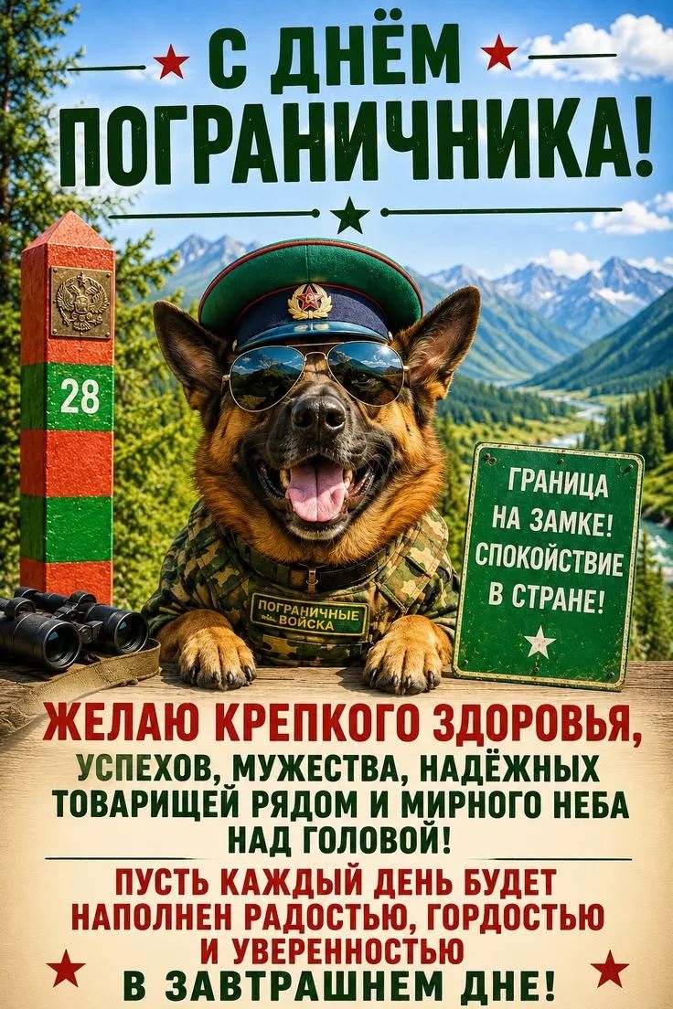 С ДНЁМ ПОГРАНИЧНИКА! 28 ПОГРАНИЧНЫЕ ВОЙСКА ГРАНИЦА НА ЗАМКЕ! СПОКОЙСТВИЕ В СТРАНЕ! ЖЕЛАЮ КРЕПКОГО ЗДОРОВЬЯ, УСПЕХОВ, МУЖЕСТВА, НАДЁЖНЫХ ТОВАРИЩЕЙ РЯДОМ И МИРНОГО НЕБА НАД ГОЛОВОЙ! ПУСТЬ КАЖДЫЙ ДЕНЬ БУДЕТ НАПОЛНЕН РАДОСТЬЮ, ГОРДОСТЬЮ И УВЕРЕННОСТЬЮ В ЗАВТРАШНЕМ ДНЕ!