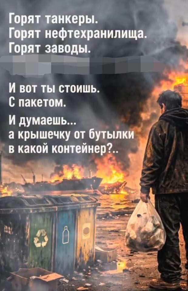 Горят танкеры. Горят нефтехранилища. Горят заводы. И вот ты стоишь. С пакетом. И думаешь... а крышечку от бутылки в какой контейнер?..