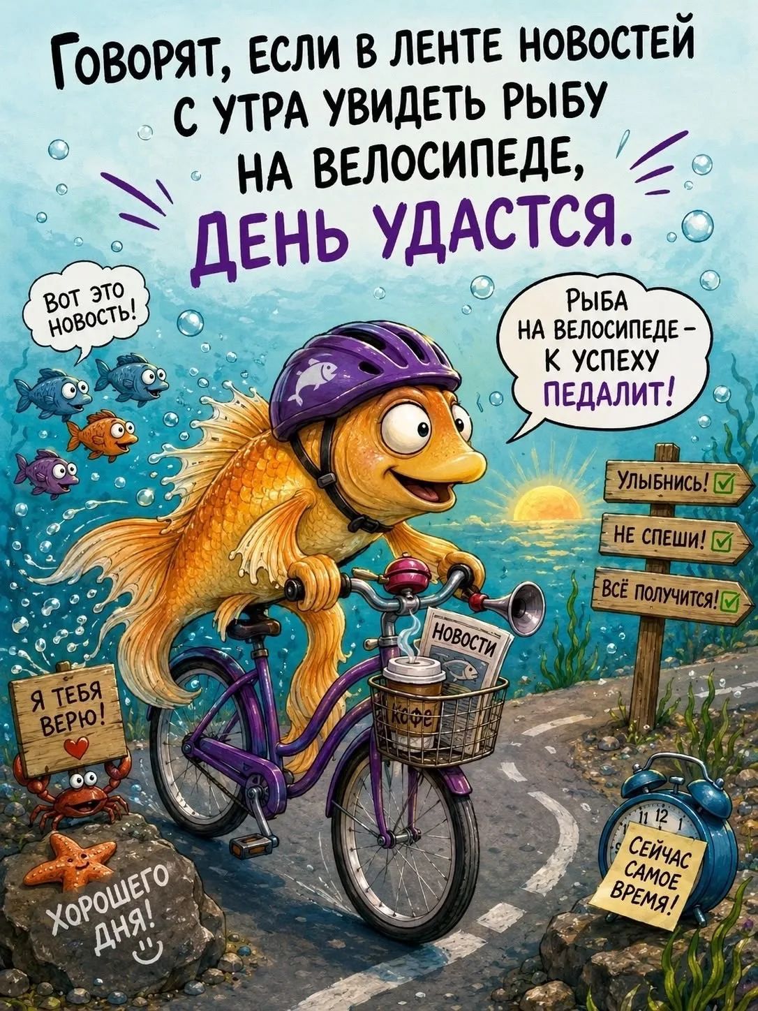 ГОВОРЯТ, ЕСЛИ В ЛЕНТЕ НОВОСТЕЙ С УТРА УВИДЕТЬ РЫБУ НА ВЕЛОСИПЕДЕ, ДЕНЬ УДАСТСЯ. ВОТ ЭТО НОВОСТЬ! РЫБА НА ВЕЛОСИПЕДЕ – К УСПЕХУ ПЕДАЛИТ! УЛЫБНИСЬ! НЕ СПЕШИ! ВСЁ ПОЛУЧИТСЯ! Я ТЕБЯ ВЕРЮ! ХОРОШЕГО ДНЯ! НОВОСТИ КОФЕ 11 12 СЕЙЧАС САМОЕ ВРЕМЯ!