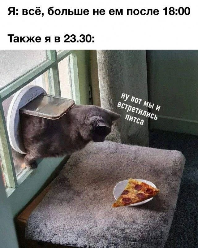 Я: всё, больше не ем после 18:00. Также я в 23.30: Ну вот мы и встретились питса