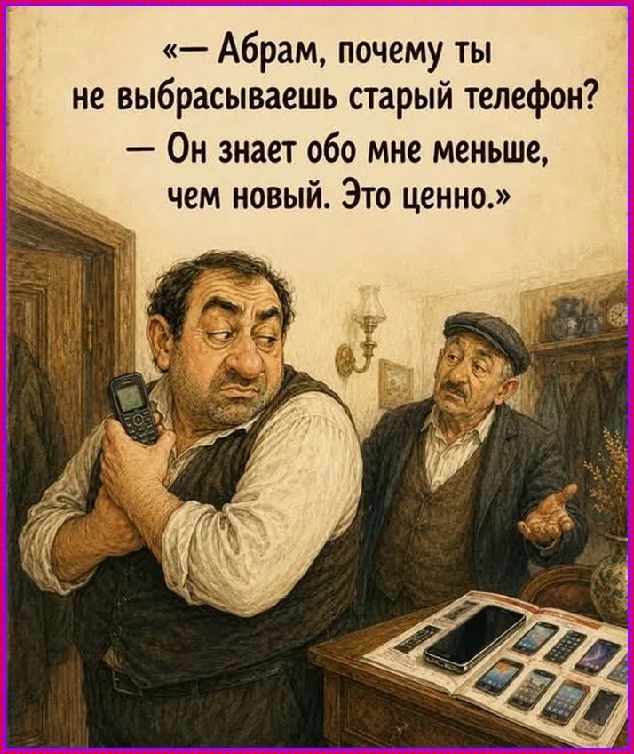 — Абрам, почему ты не выбрасываешь старый телефон? — Он знает обо мне меньше, чем новый. Это ценно.