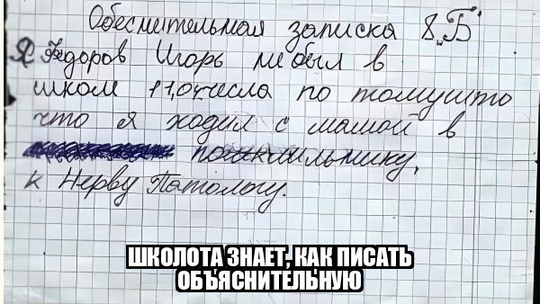 Объяснительная записка 8.Б. Я Федоров Игорь не был в школе 17,04 числа по тому что я ходил с мамой в поликлинику, к Нерву Патологу. ШКОЛОТА ЗНАЕТ, КАК ПИСАТЬ ОБЪЯСНИТЕЛЬНУЮ