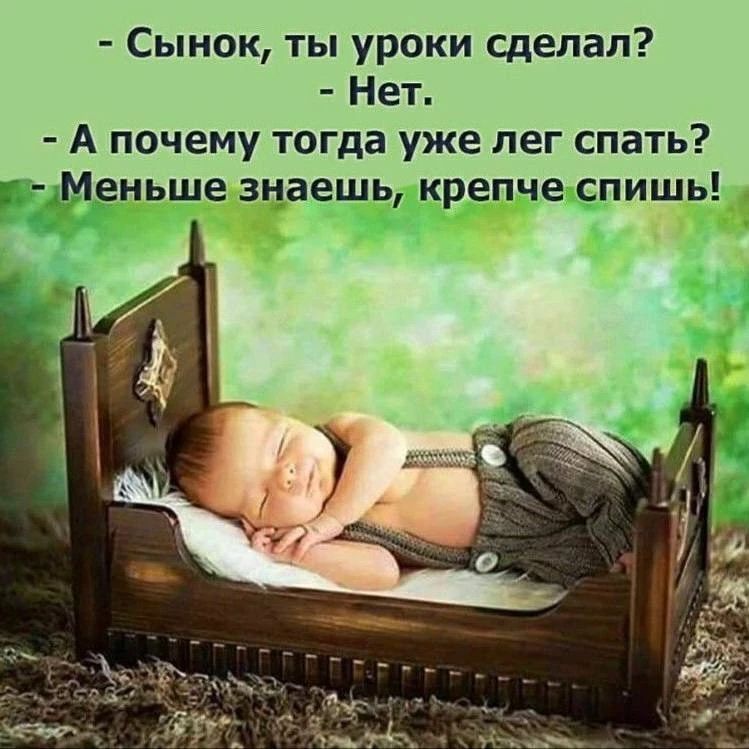 - Сынок, ты уроки сделал?
- Нет.
- А почему тогда уже лег спать?
- Меньше знаешь, крепче спишь!