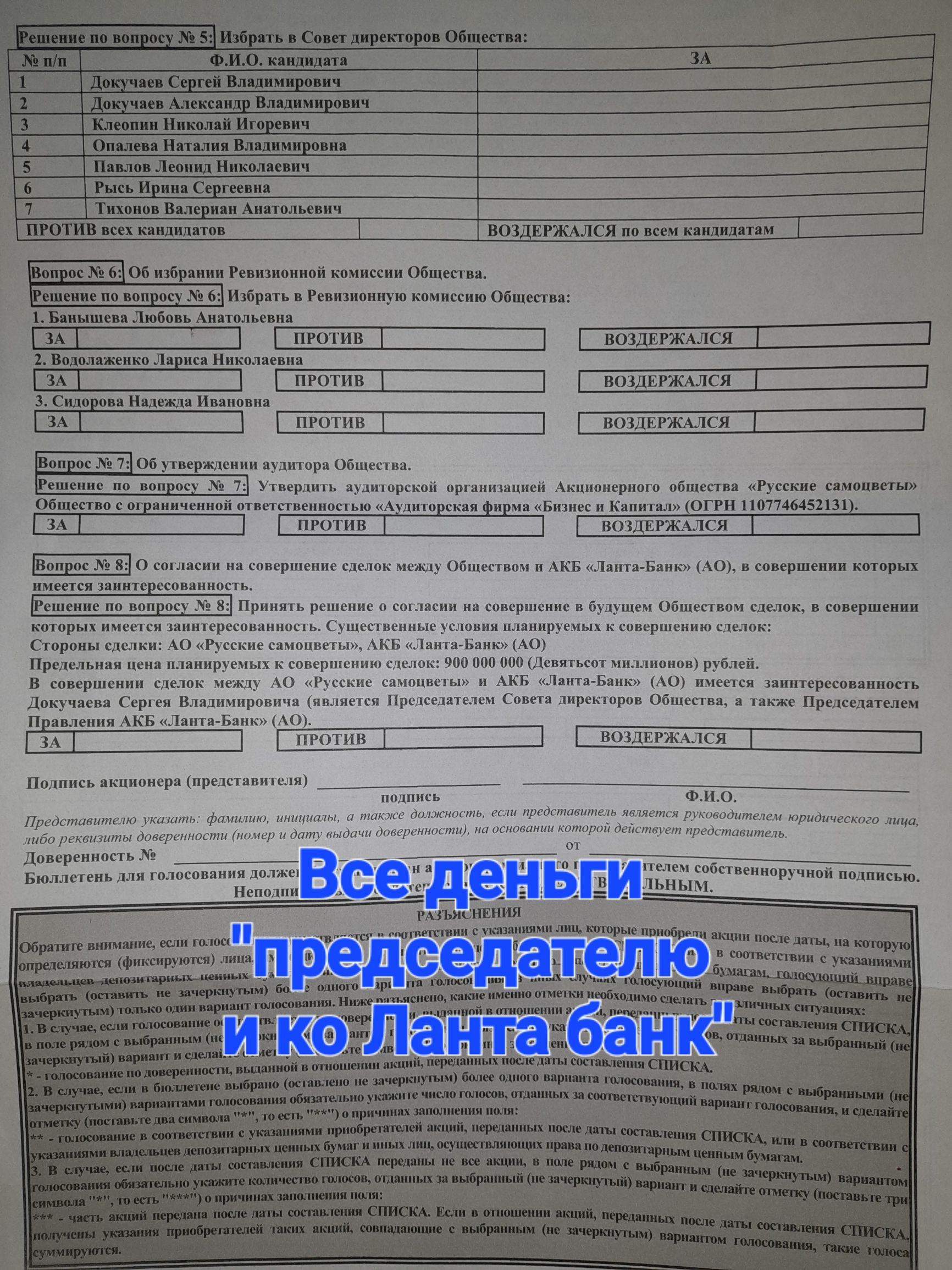 Все деньги председателю и Ко Лапта банк. Документ о решениях собрания акционеров: избрание в Совет директоров, Ревизионную комиссию, утверждение аудитора, согласие на сделки с АКБ «Ланта-Банк» на 900 миллионов рублей, где председатель Совета директоров имеет заинтересованность.