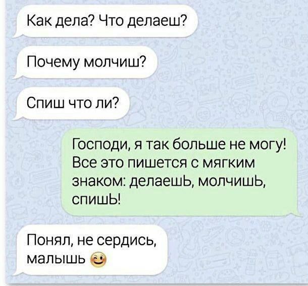 Как дела? Что делаешь? Почему молчишь? Спишь что ли? Господи, я так больше не могу! Все это пишется с мягким знаком: делаешь, молчишь, спишь! Понял, не сердись, малыш 😉