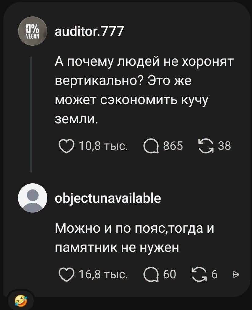 auditor.777 А почему людей не хоронят вертикально? Это же может сэкономить кучу земли. 10,8 тыс. 865 38 objectunavailable Можно и по пояс,тогда и памятник не нужен 16,8 тыс. 60 6