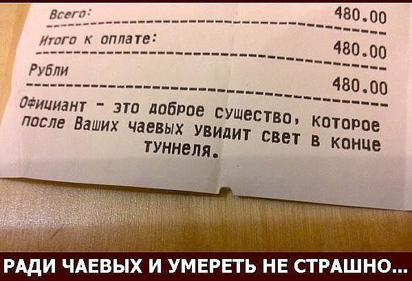 Всего: 480.00 Итого к оплате: 480.00 Рубли 480.00 Официант - это доброе существо, которое после Ваших чаевых увидит свет в конце туннеля. РАДИ ЧАЕВЫХ И УМЕРЕТЬ НЕ СТРАШНО...