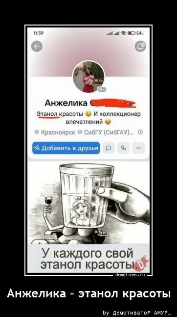 Анжелика Этанол красоты И коллекционер впечатлений Красноярск СибГУ (СибГАУ)... Добавить в друзья У каждого свой этанол красоты demotions.ru Анжелика - этанол красоты by демотиватор АМУР_